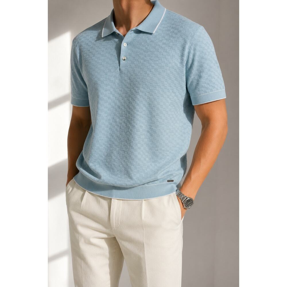 Bugatchi Ice Blue Knit Polo Quiet Luxury Coastal Grandpa Old Money Resort L